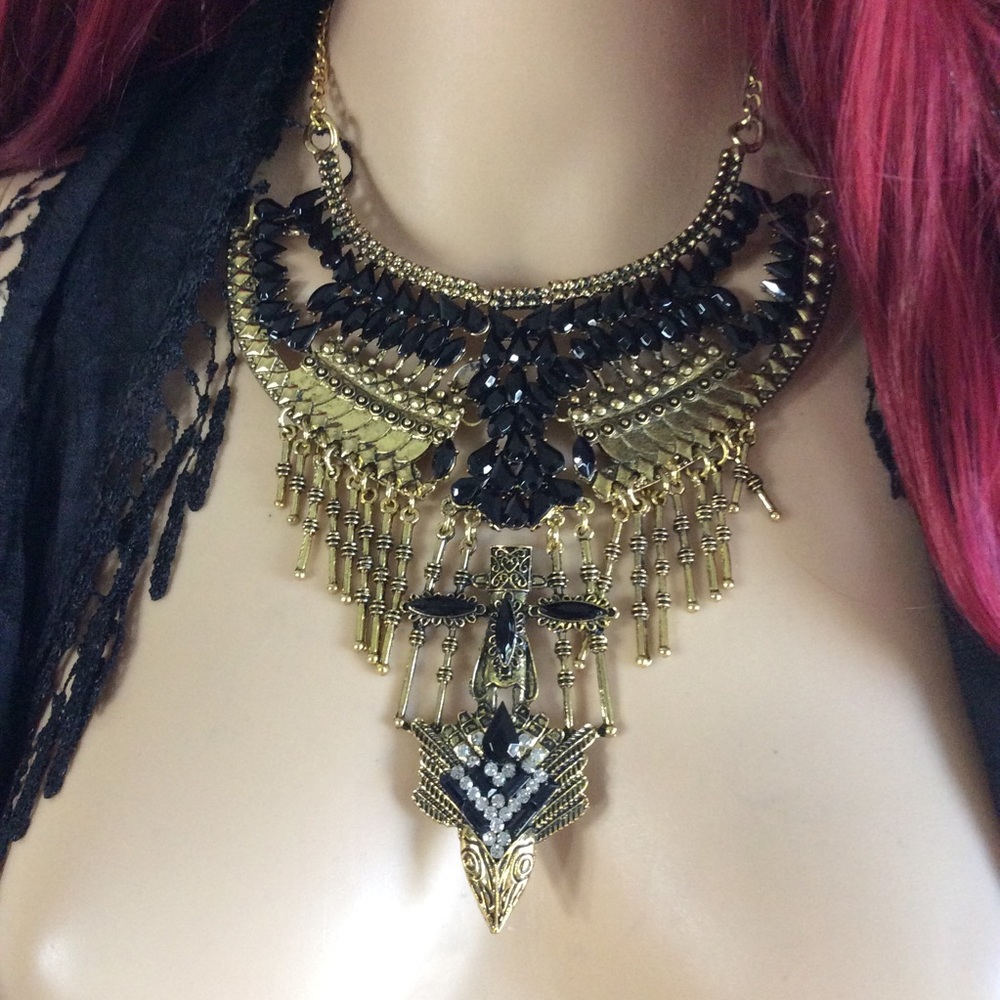 🍒GOLD BLACK ONYX BIB LARGE CHUNKY NECKLACE BOHO - Picture 2 of 6